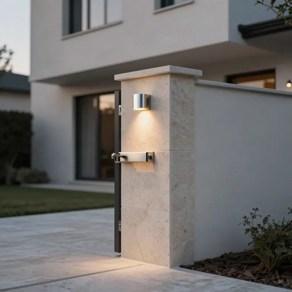 Stone gate and upgraded entry hardware on a pale plaster residence at dusk.