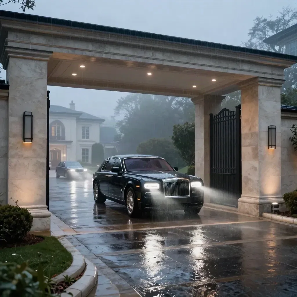 Executive security motorcade enters a rainy limestone estate at blue hour.