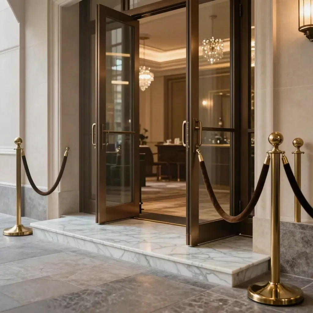 Empty gala entry with brass stanchions, marble floor, and open doors glowing toward the ballroom.