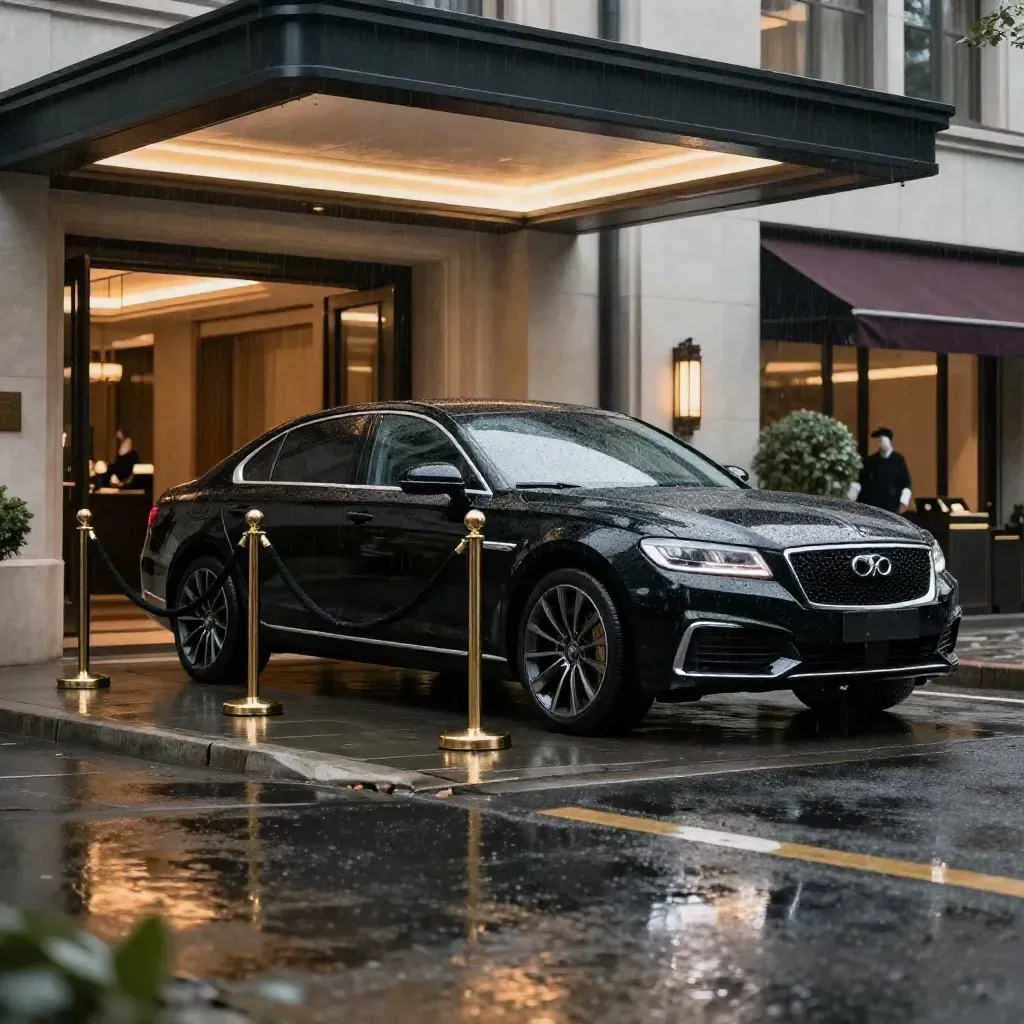 Armored sedan at a hotel vestibule in rain, with velvet ropes and wet reflections.