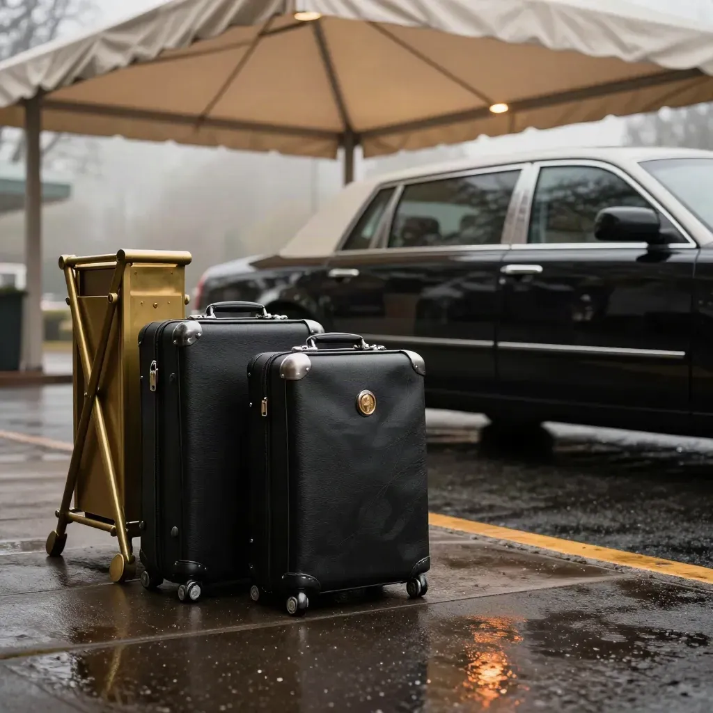 Black cabin cases beside a chauffeured sedan under a hotel canopy on rain-dark pavement.