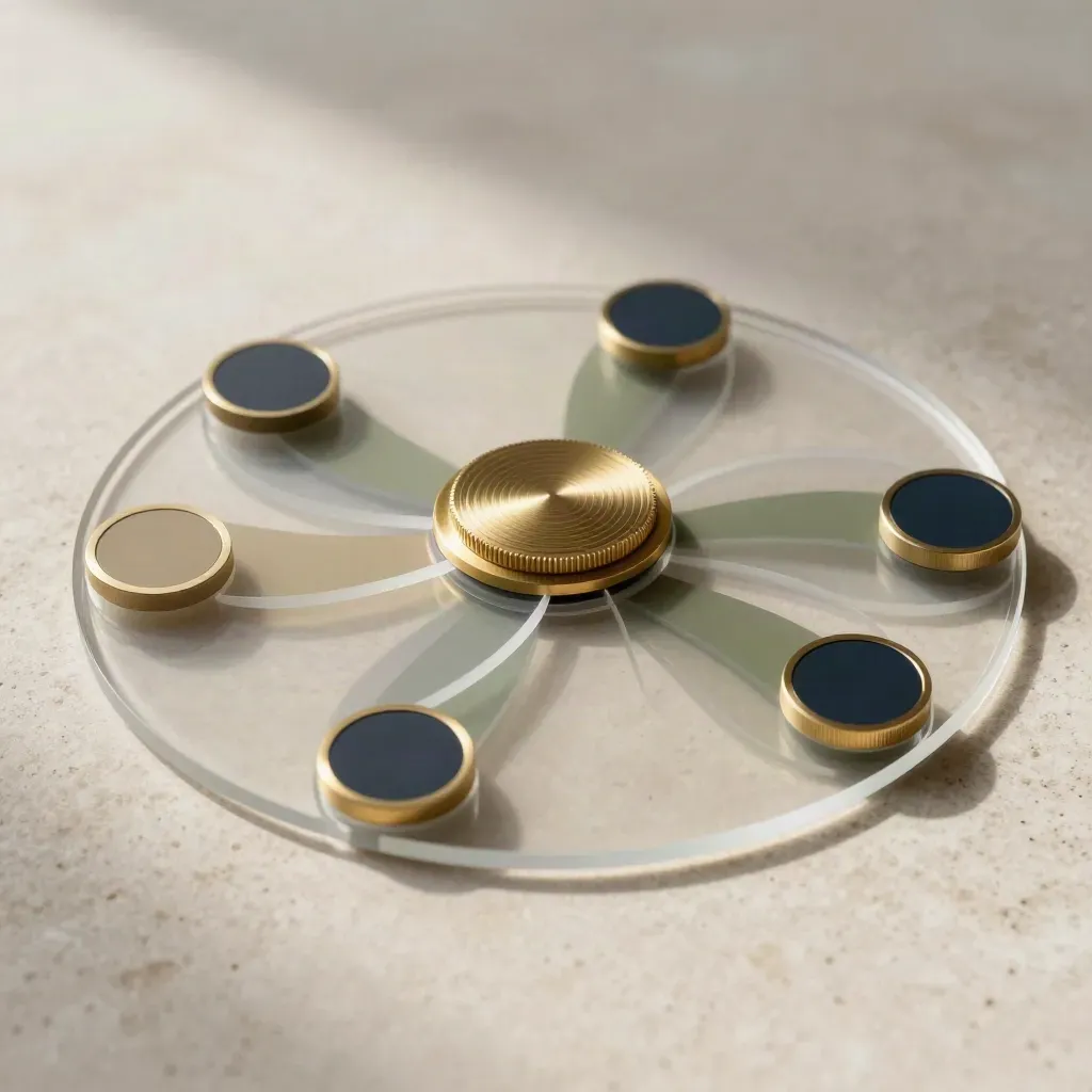 Overhead risk mapping still life with acrylic discs and a brass zoning dial on pale stone.