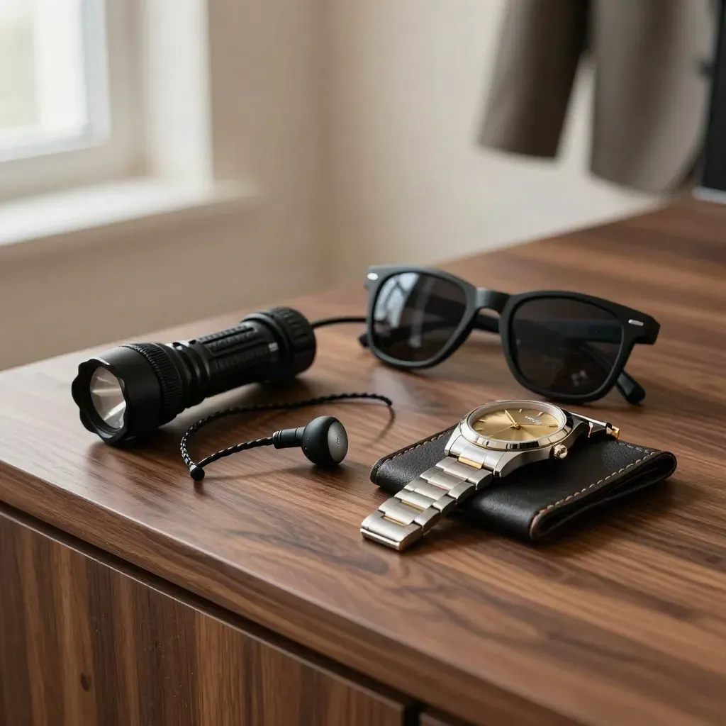 Bodyguard kit on walnut: earpiece, flashlight, sunglasses and steel watch in warm light.