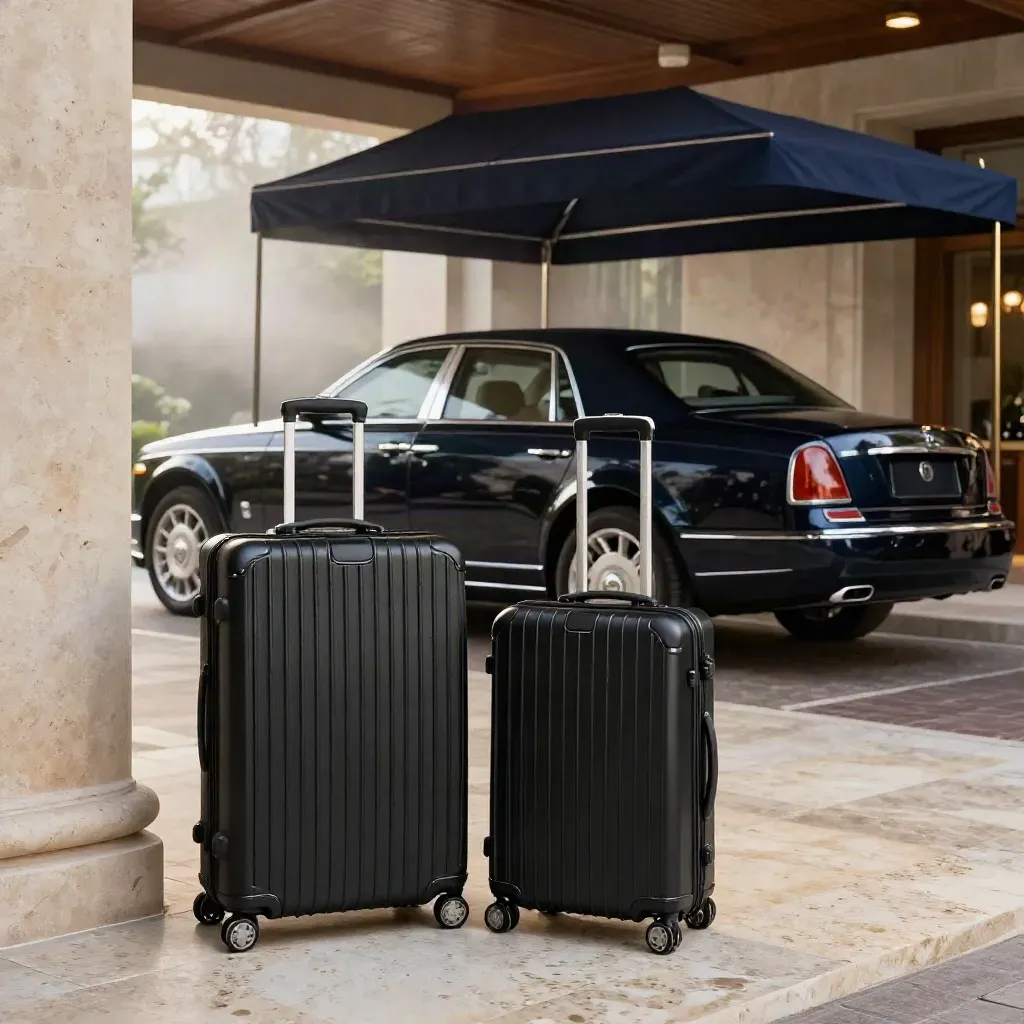 Black luggage cases beside a waiting sedan under a misty resort porte-cochère.