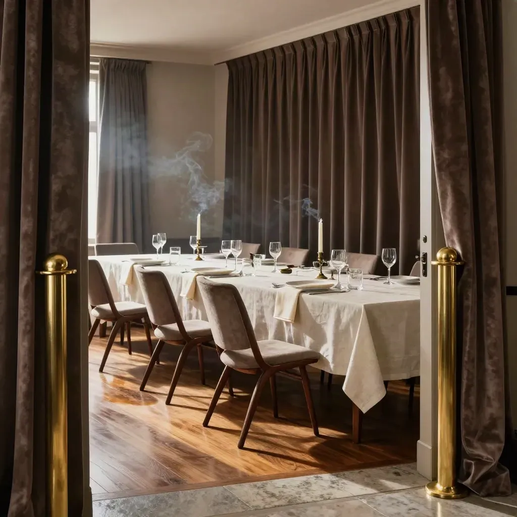 Empty private dining room with linen tables, brass posts, velvet curtains, and warm late-afternoon light.