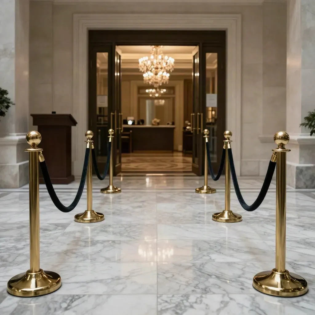Empty hotel gala entrance with velvet ropes, marble floor, and chandelier glow.
