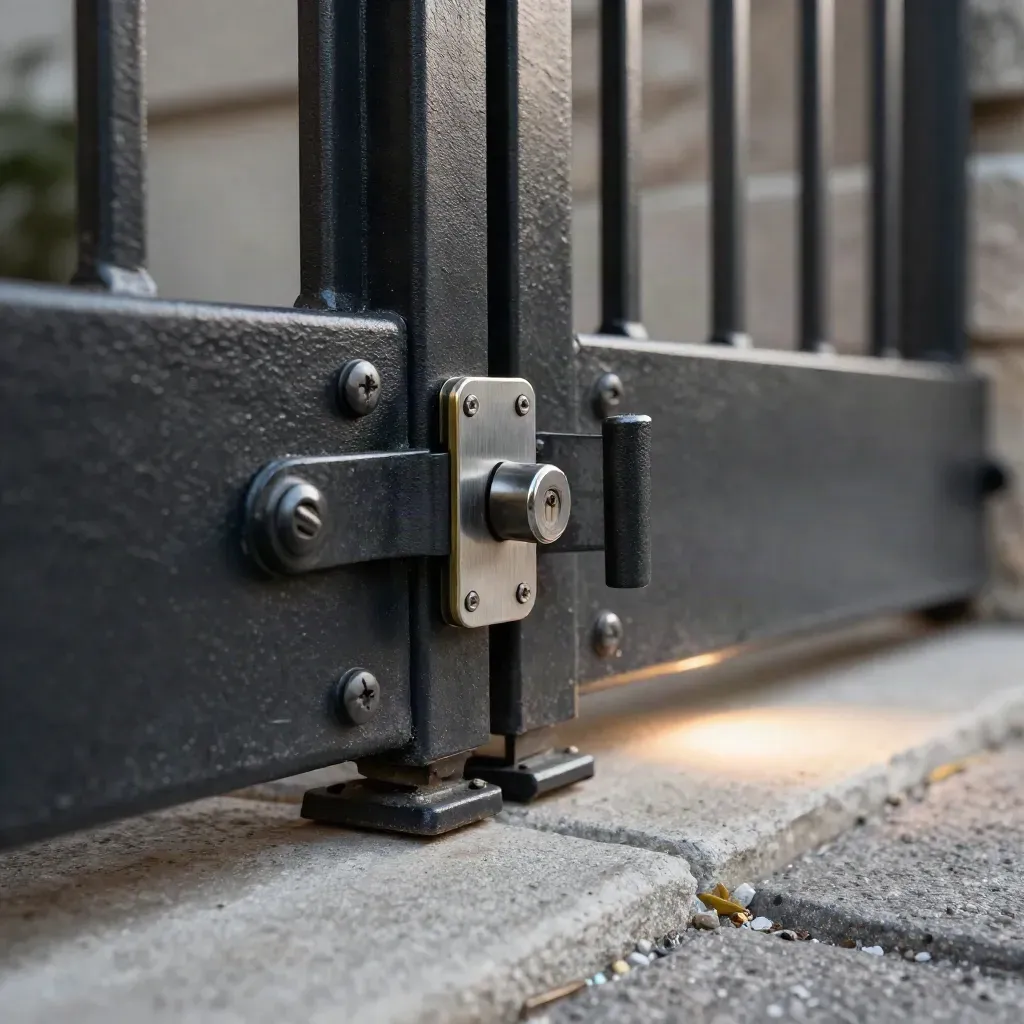 Extreme macro of a reinforced residential gate latch, stone wall, and path lights in late-day light.