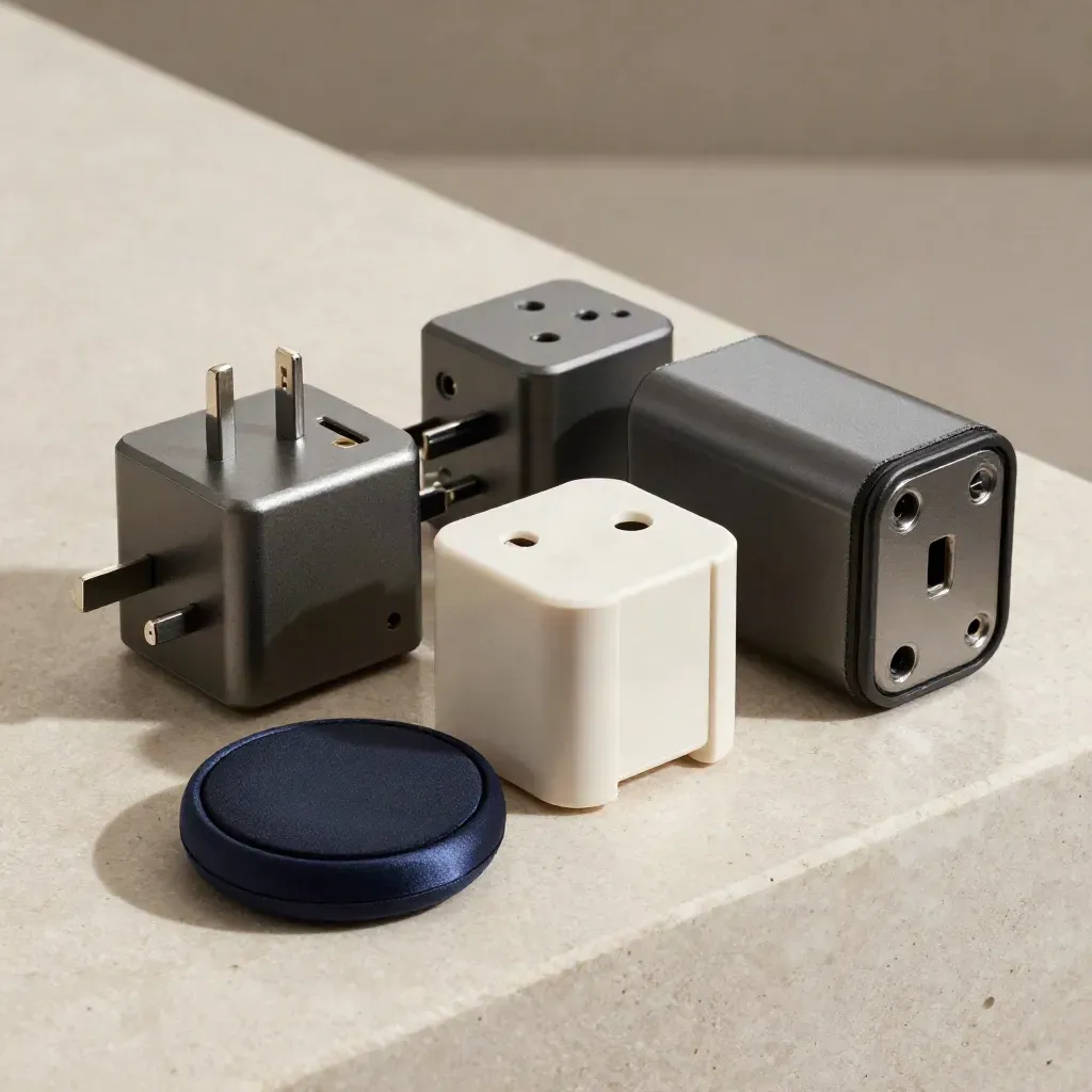Travel adapters, tracker puck, and battery pack arranged tightly on pale stone.