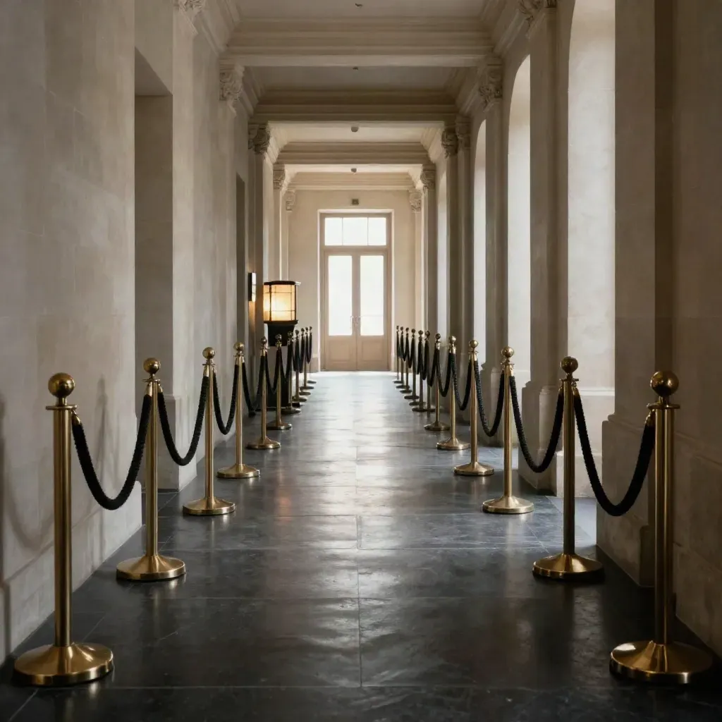 Empty press-week corridor with velvet ropes, stacked rails, and a glowing security podium.