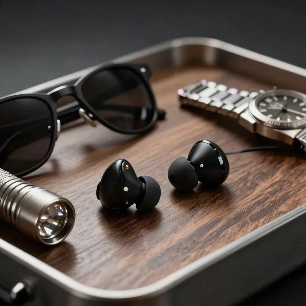 Matte-black comms, folded sunglasses, flashlight, and steel watch on dark walnut in dramatic light.