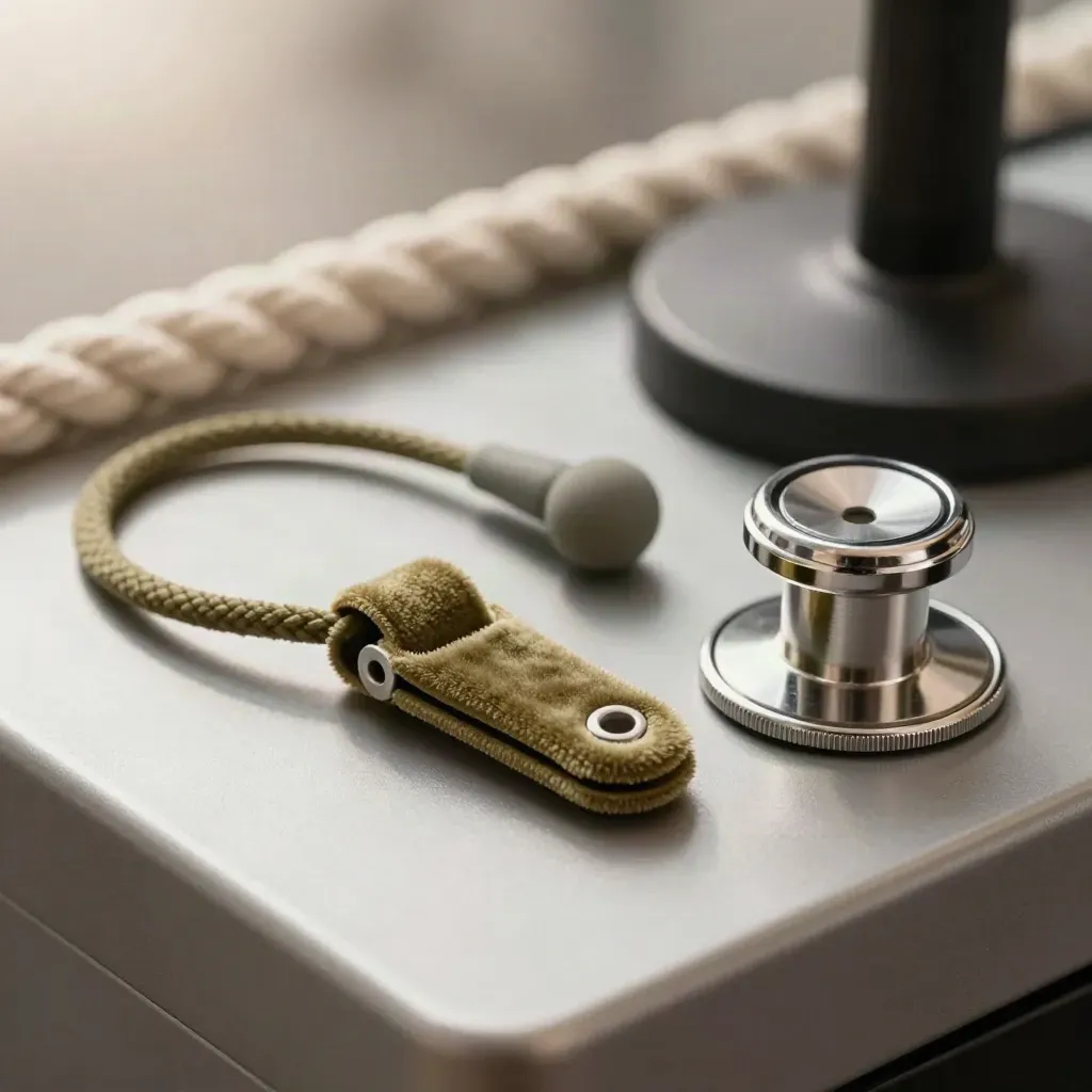 Macro of event security hardware: rope clip, earpiece loop and stanchion cap on metal