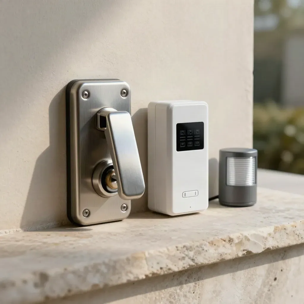 Security hardware on limestone: deadbolt, gate latch, window sensor and light housing