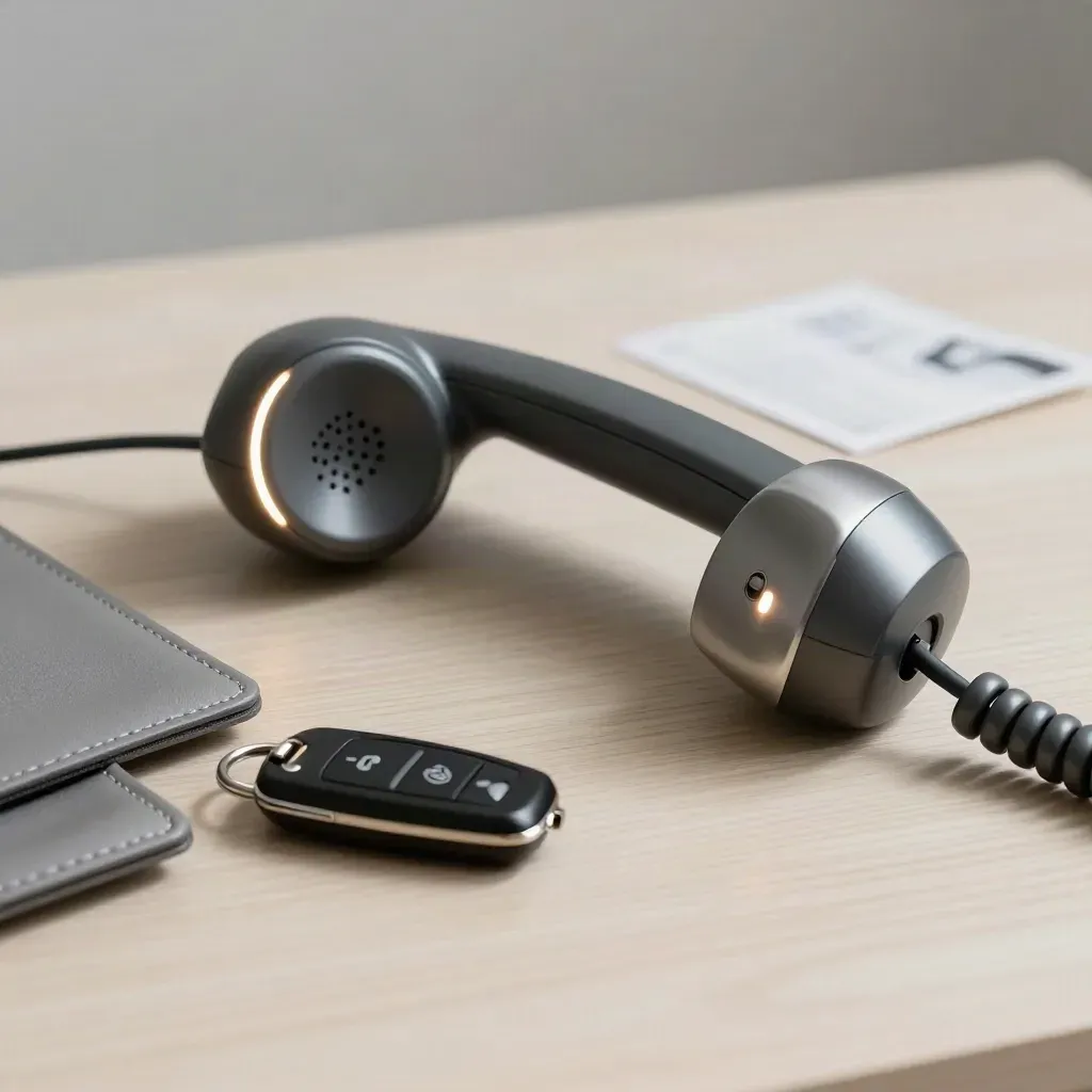 Luxury security phone handset beside valet tray and key fob on pale wood, softly lit.