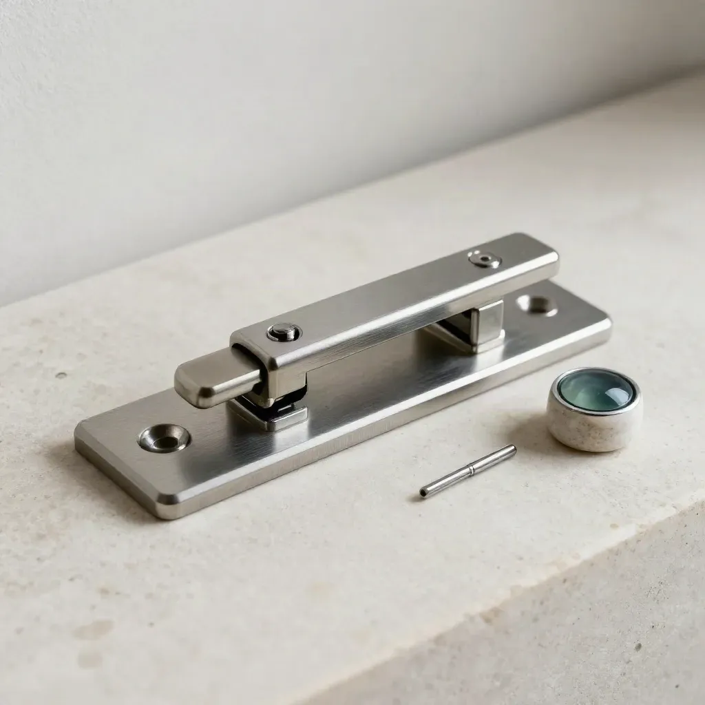 Brushed-steel latch, strike plate and perimeter sensor on pale limestone, softly lit.