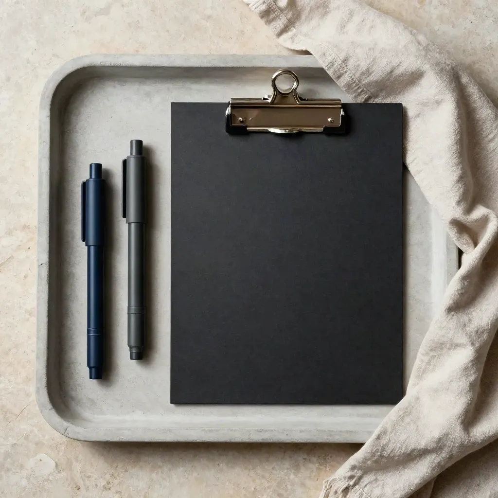 Top-down tray still life with route markers, black board and binder piece on felt.