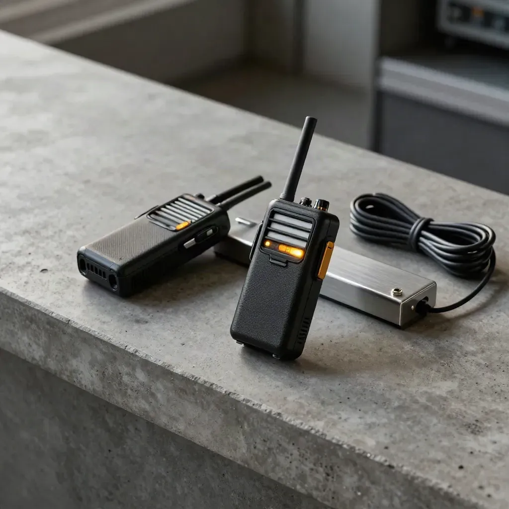 Two radios on a concrete counter with glowing status LEDs and a charging dock