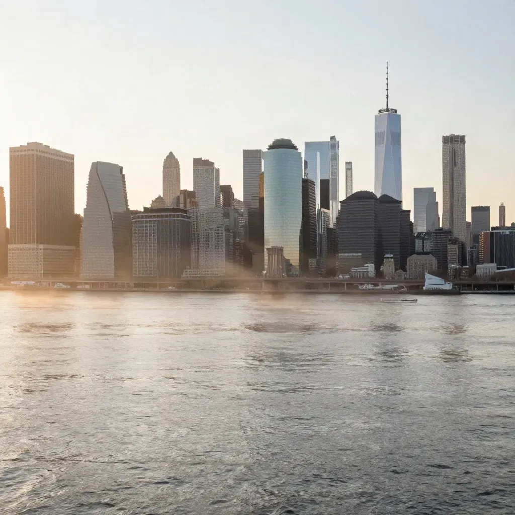 Manhattan skyline over hazy Hudson River at golden hour, calm water left open for headline copy.