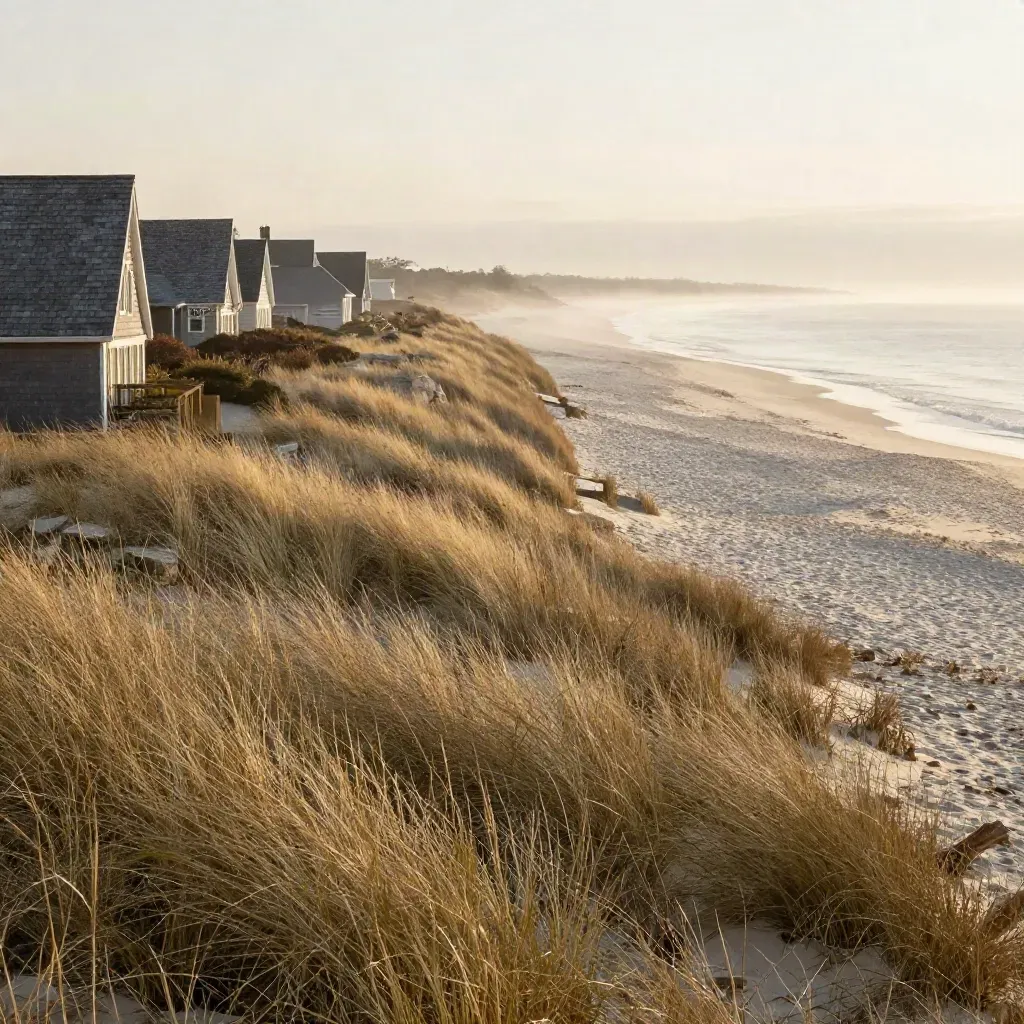 Hamptons coast at sunrise with shingled roofs, dune grass, and a calm pale beach.