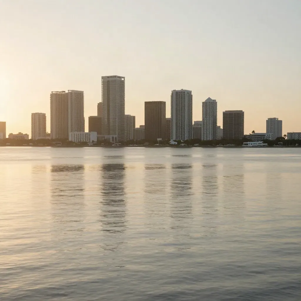 Golden South Florida skyline above calm bay water at sunset with soft haze and palm silhouettes.