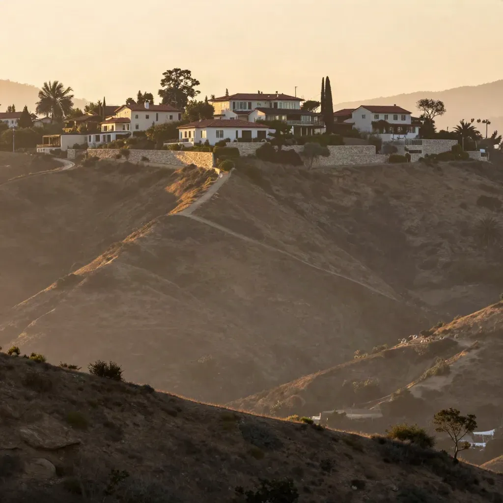 Los Angeles hills and Bel Air homes glowing above a calm haze-filled basin at sunset.