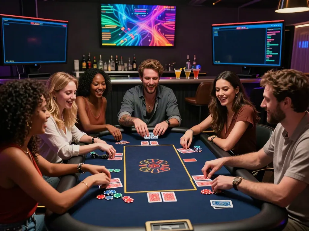 Exciting live casino gaming experience depicting friends playing ahha4d card games around a vibrant gaming table.