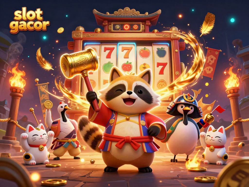Engage with slot gacor excitement through playful tanuki, crane, and fortune cats in a vibrant casino scene.