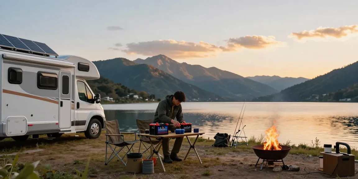 Person examining lithium RV batteries at a serene camping site by a lake.