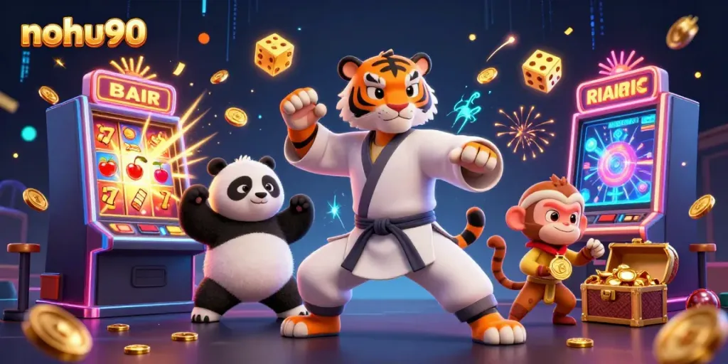 Nohu90 offers a vibrant casino experience where playful characters engage in thrilling gaming activities amidst a dynamic slot machine backdrop.