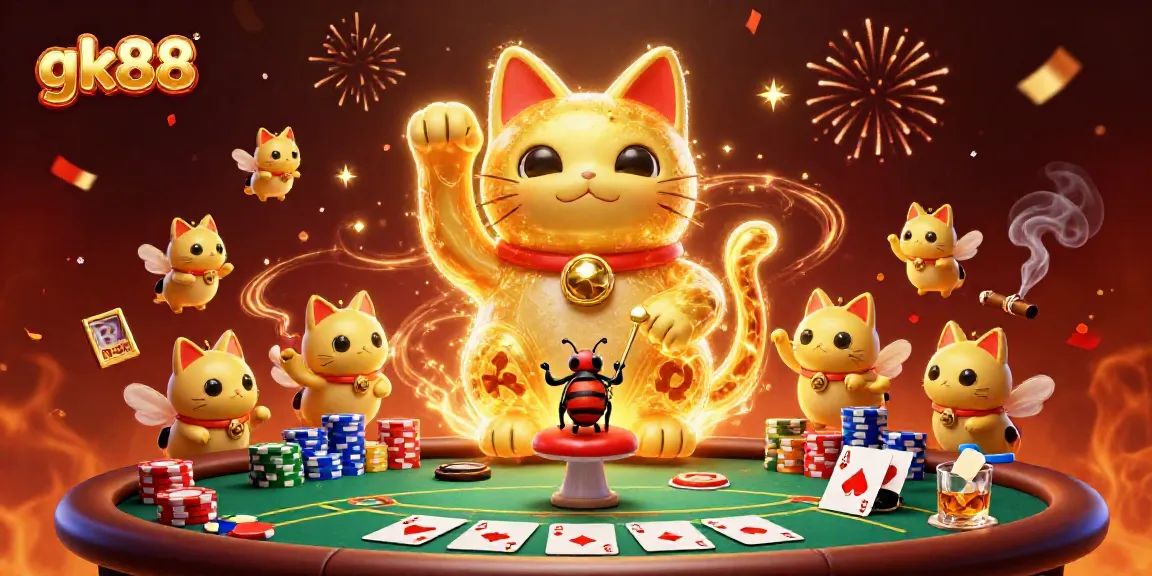 Experience the excitement of gk88 with a stunning 3D illustration showcasing a lucky cat and casino symbols.