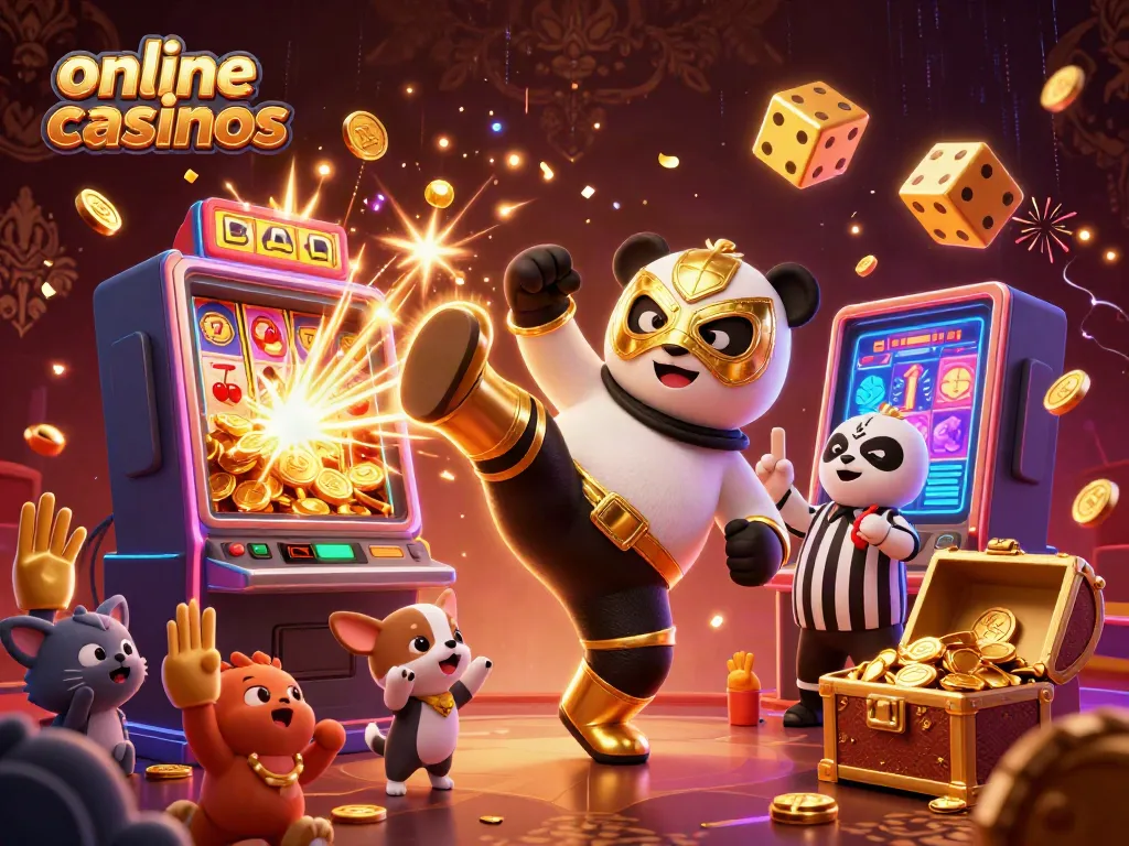 Experience thrilling action at online casinos with a vibrant scene featuring a kicking panda and excited animal spectators.
