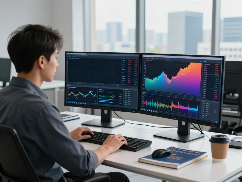 Trader using MetaTrader 5 in a modern office, analyzing market data and charts.