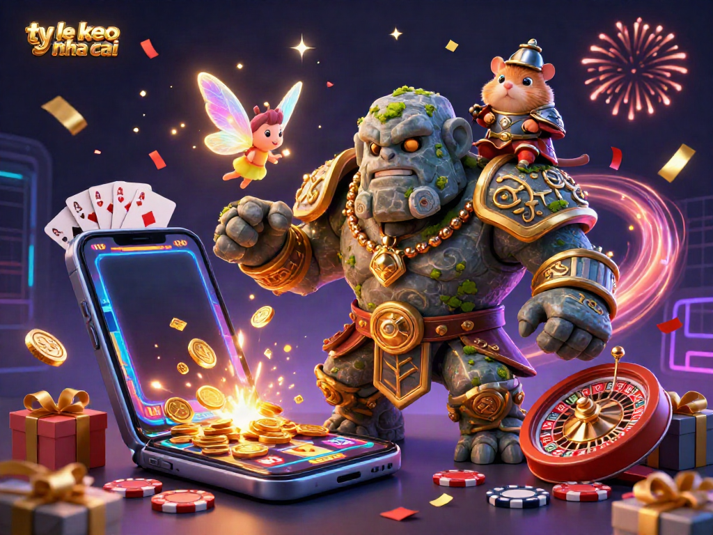 Experience the magic of ty le keo nha cai with a dynamic 3D illustration featuring a stone golem, fairy, and hamster knight.