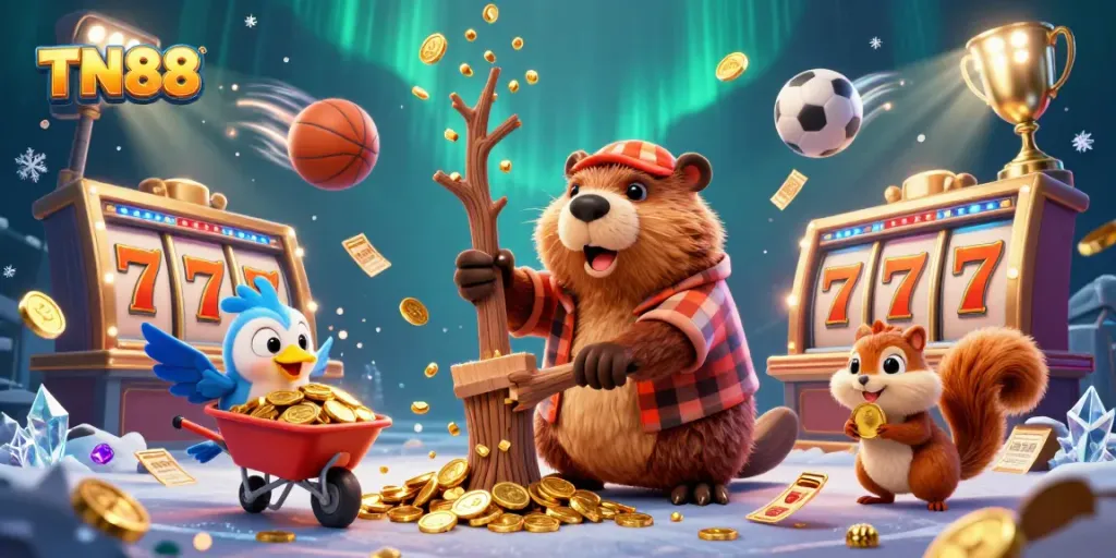 Join the fun with TN88 as a cartoon beaver collects golden coins and jackpots rain down from a tree.