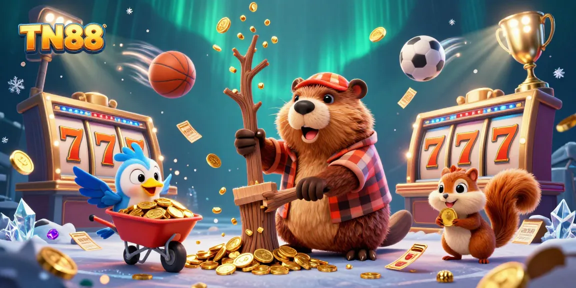 Join the fun with TN88 as a cartoon beaver collects golden coins and jackpots rain down from a tree.