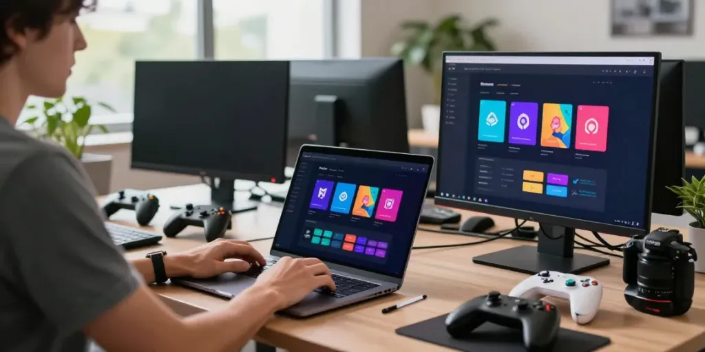 Dynamic workspace showcasing apktodo mod apps with colorful displays and tech gadgets.