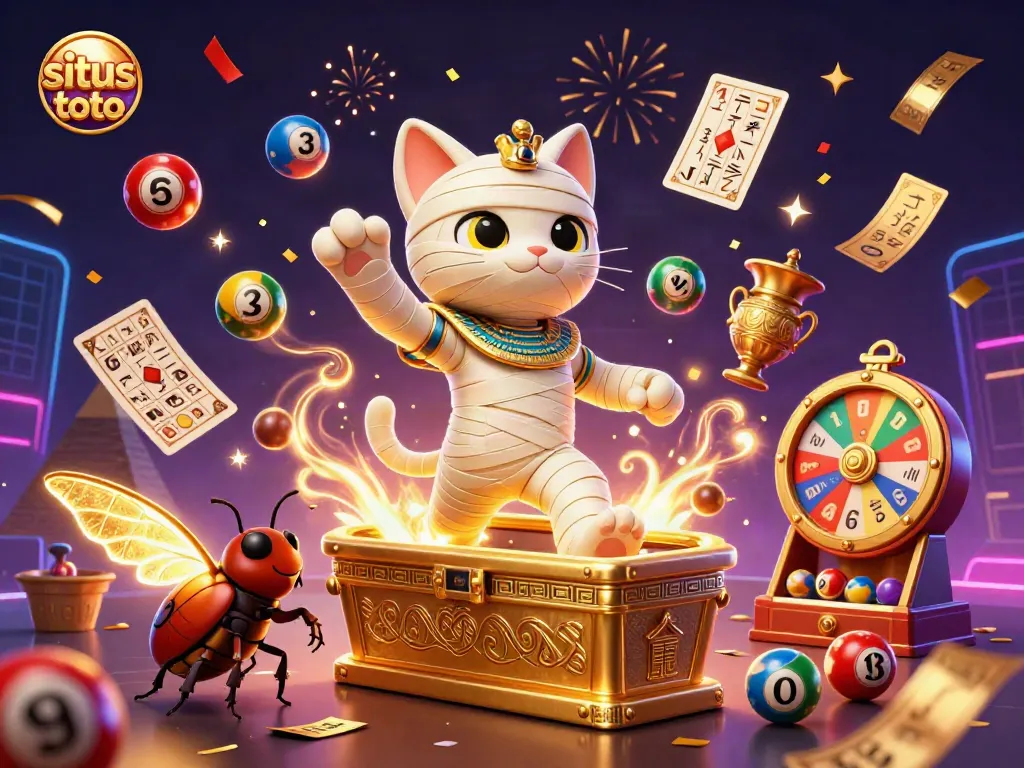 Enjoy dynamic gaming at situs toto with an Egyptian mummy cat and golden casino elements.