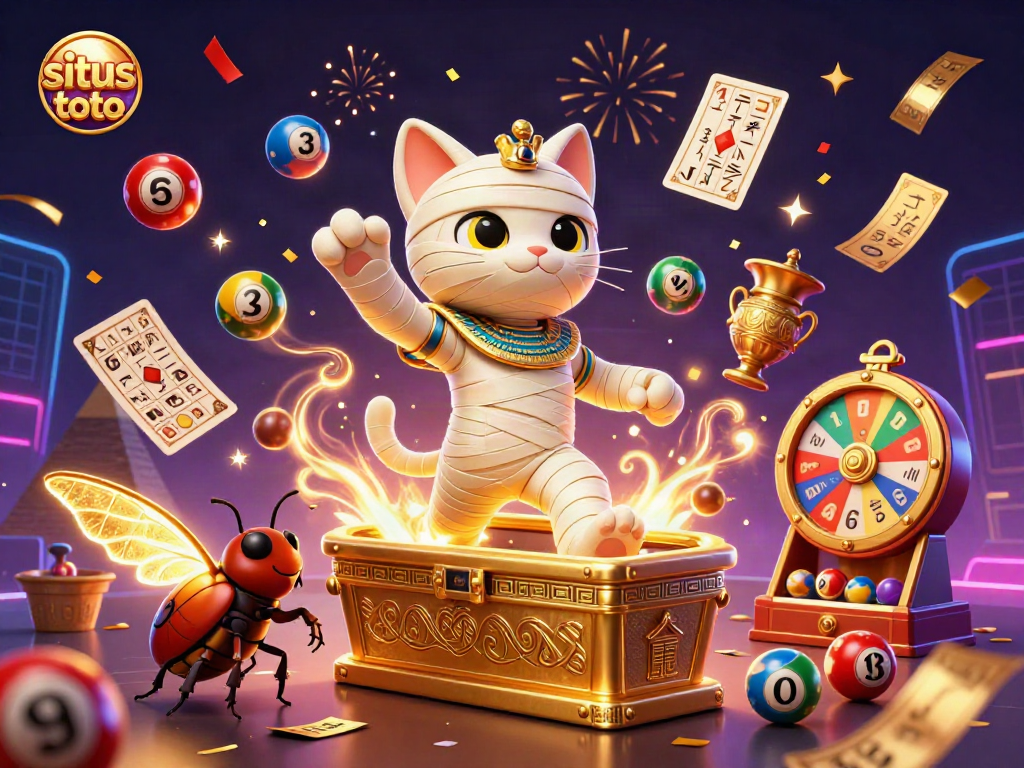 Enjoy dynamic gaming at situs toto with an Egyptian mummy cat and golden casino elements.