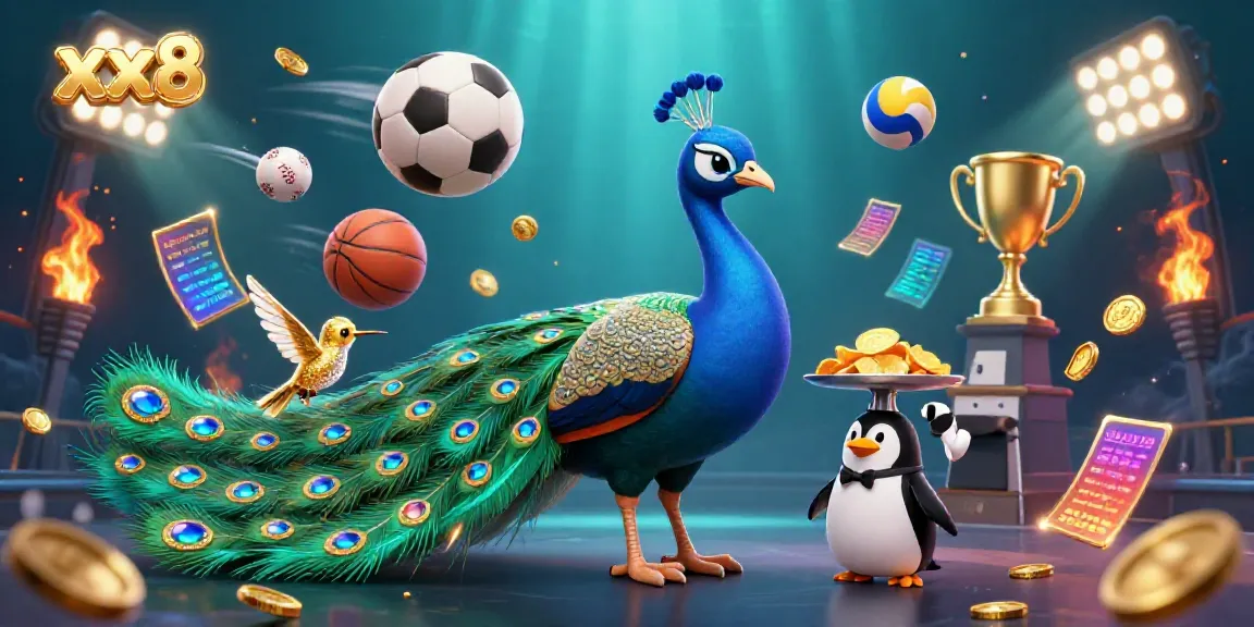 Engaging scene showcasing xx8’s vibrant casino experience with dynamic sports balls, aristocratic peacock, and glittering gold elements.