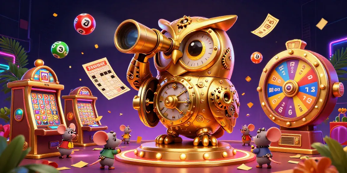 Engage in go8 themed casino excitement with vibrant lottery elements and a golden owl centerpiece.