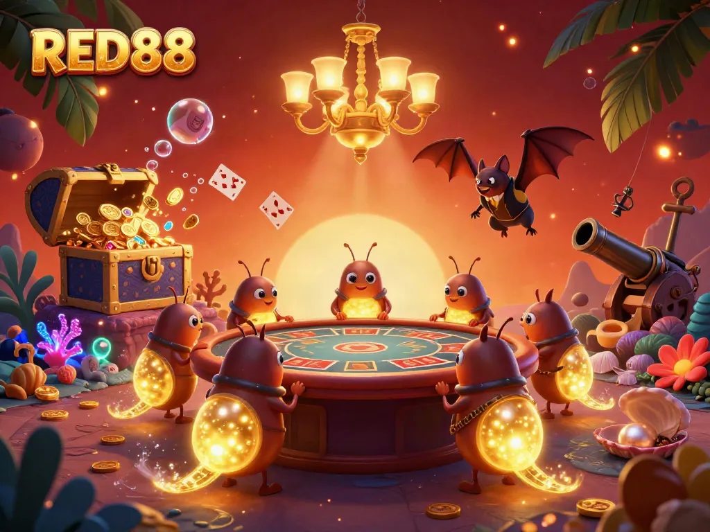 Experience the excitement at RED88 with glowworms illuminating a vibrant casino scene filled with treasures.
