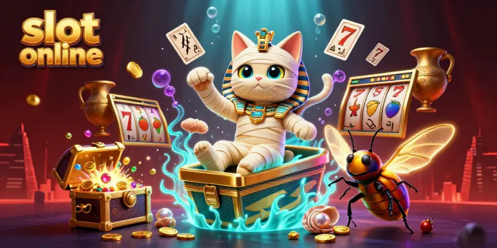 Engage with exciting slot online gameplay depicted in ultra-detailed 3D illustration featuring a mummy cat and treasures.