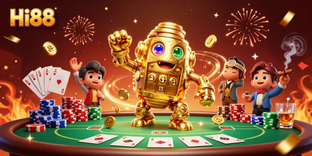 Engage with Hi88's dynamic casino experience featuring golden golem and poker action.