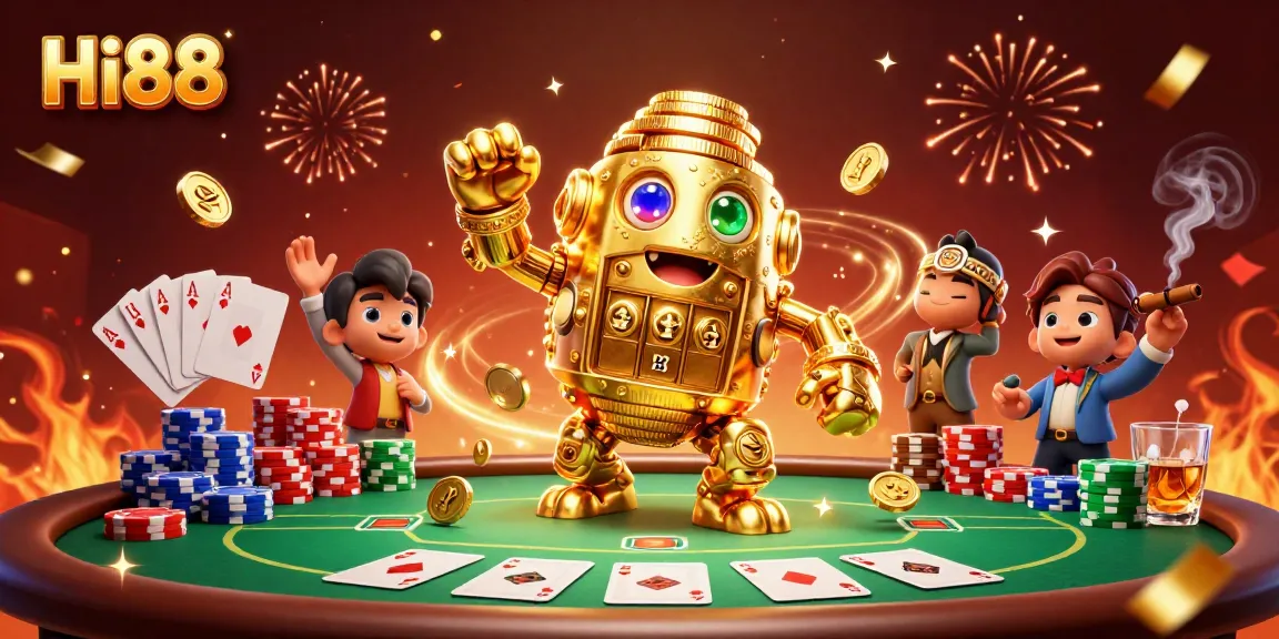Engage with Hi88's dynamic casino experience featuring golden golem and poker action.