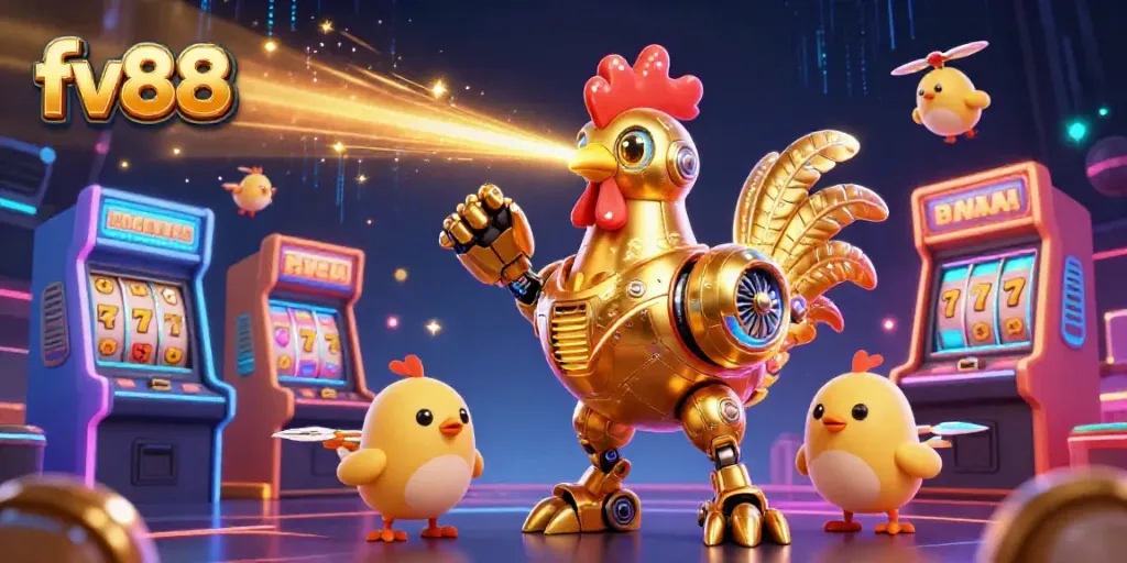 Experience the excitement of the fv88 casino with a golden rooster robot and arcade gaming elements.
