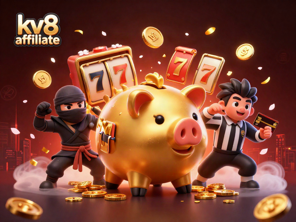 Engage with the kv8 affiliate, showcasing a dynamic scene of a golden piggy bank wrestler amid vibrant casino elements.