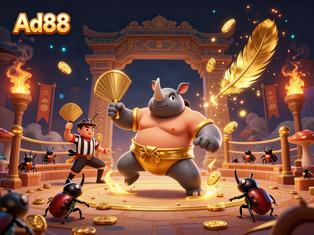 Experience exciting wins at Ad88 with a dynamic cartoon scene of beetles in a gaming arena.