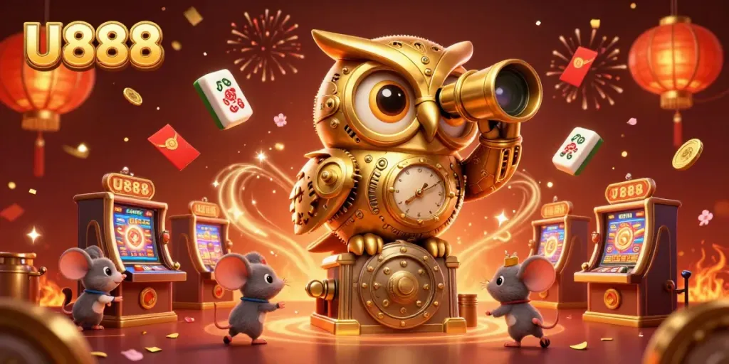 Experience U888's vibrant casino atmosphere with a golden owl and playful patrons in this exhilarating illustration.