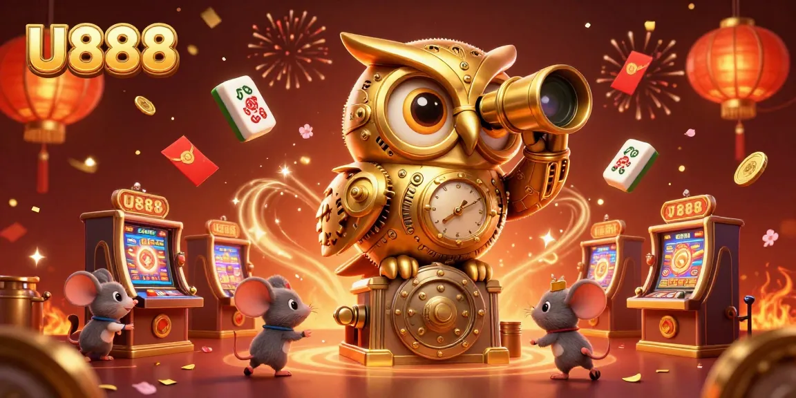 Experience U888's vibrant casino atmosphere with a golden owl and playful patrons in this exhilarating illustration.
