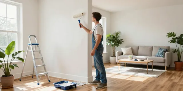 Interior home painters transforming living room with white paint, modern decor, and vibrant plants.