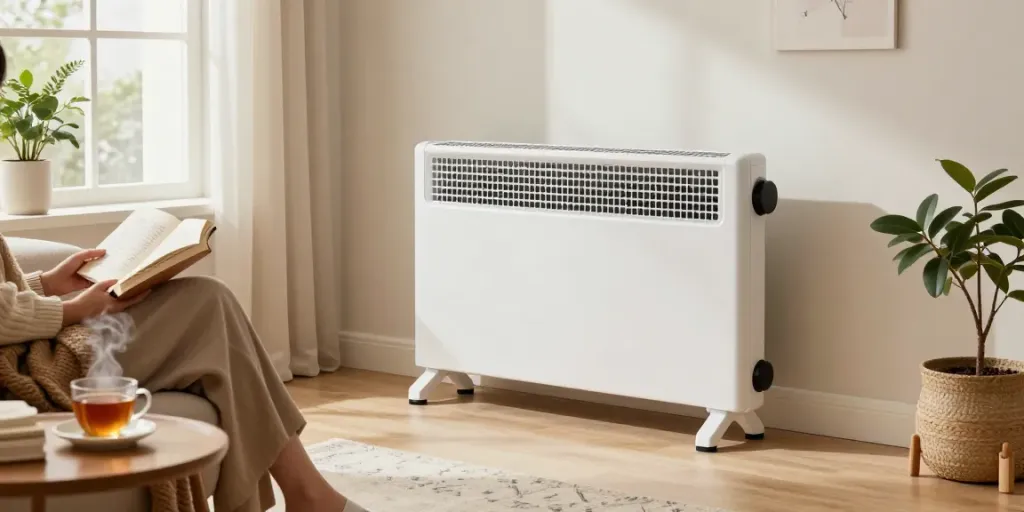 Cozy living room featuring a stylish convector heater with natural light, comfortable seating, and a warm atmosphere.